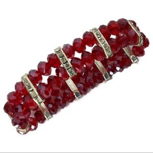 Red Crystal Glass Rhinestone Bracelet Silver Stretch Holiday Bling Gift Woman’s